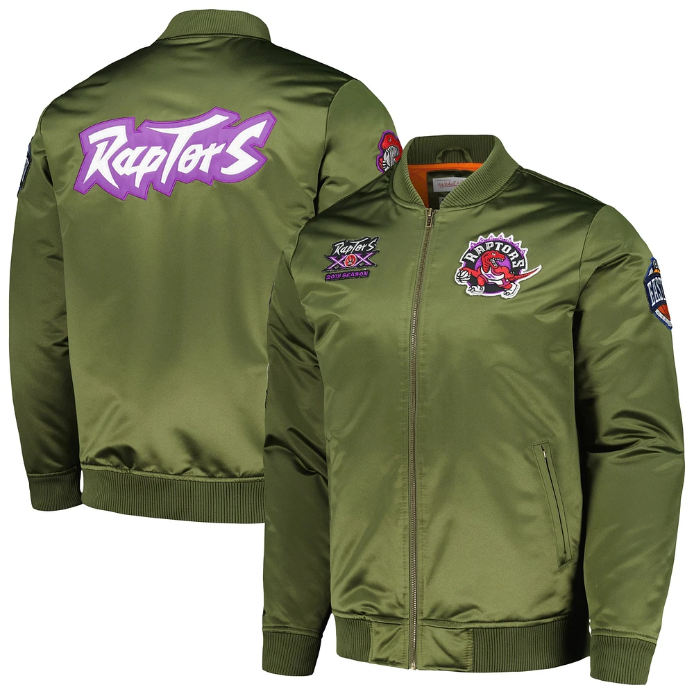 Veste rétro en satin entièrement zippée Mitchell & Ness pour hommes, Toronto Raptors Hardwood Classics, olive