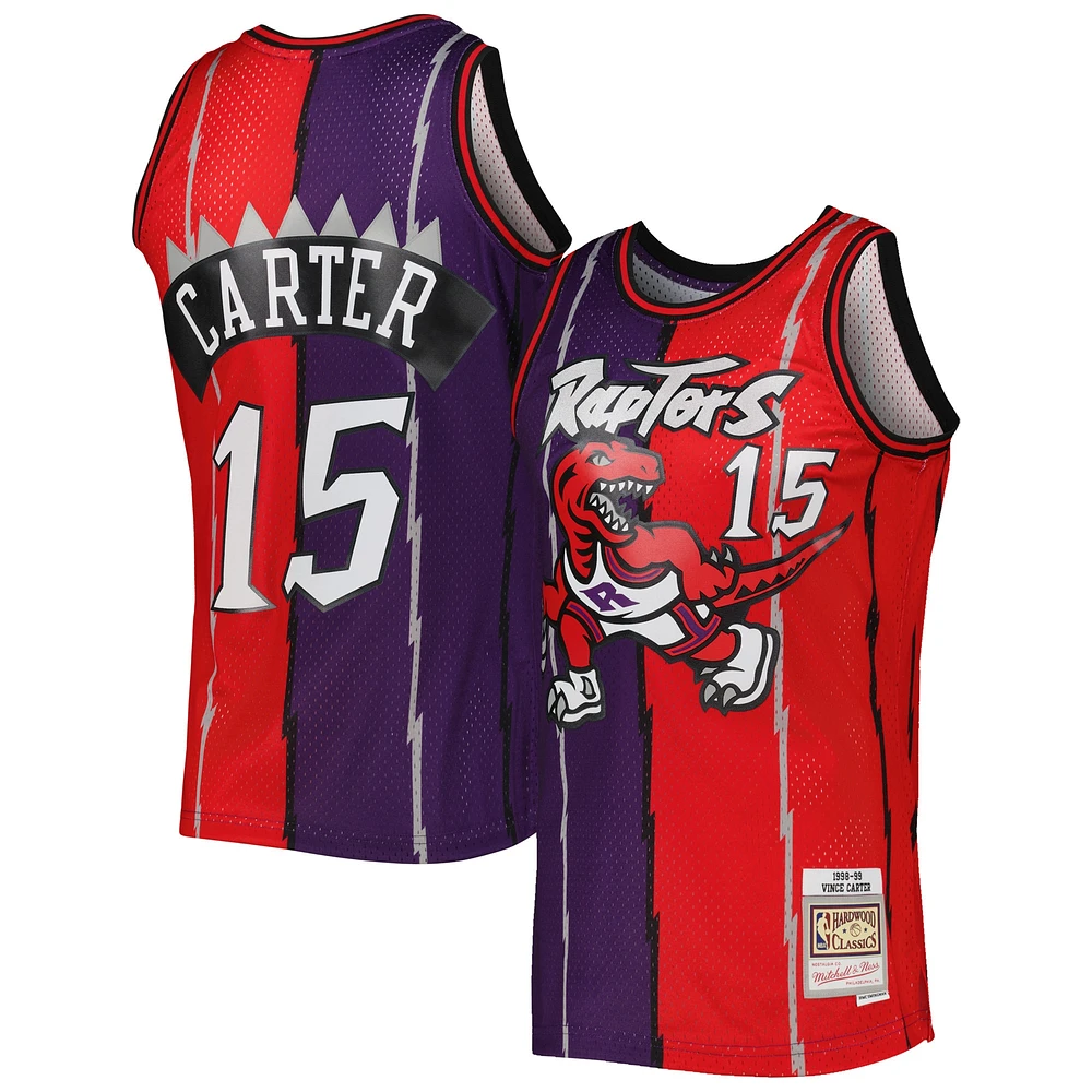 Maillot Mitchell & Ness Vince Carter violet/rouge Toronto Raptors Hardwood Classics 1998/99 Split Swingman pour homme