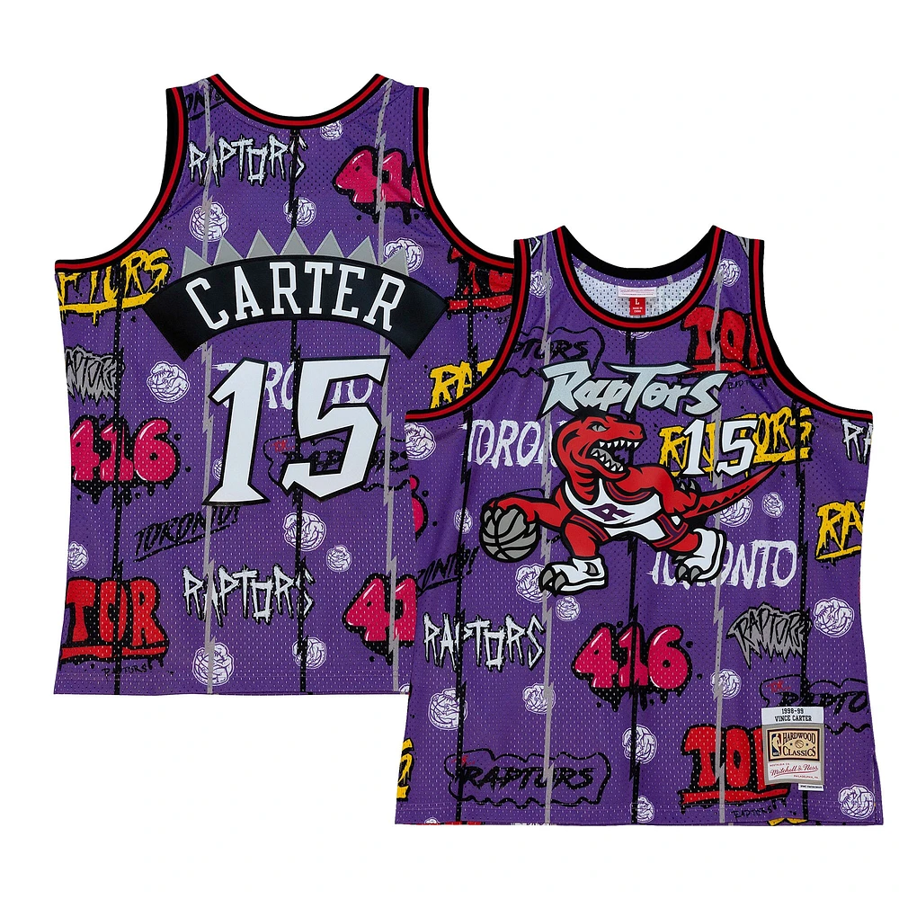 Mitchell & Ness pour homme Vince Carter Purple Toronto Raptors 1998/99 Hardwood Classics Slap Sticker Swingman - Maillot