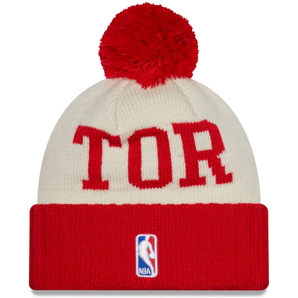 Men's New Era Red/Cream Toronto Raptors 2022 NBA Draft On The Court Cuffed Knit Hat with Pom