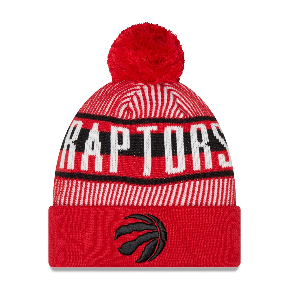 Bonnet en tricot rayé à revers avec pompons Toronto Raptors New Era pour homme, rouge