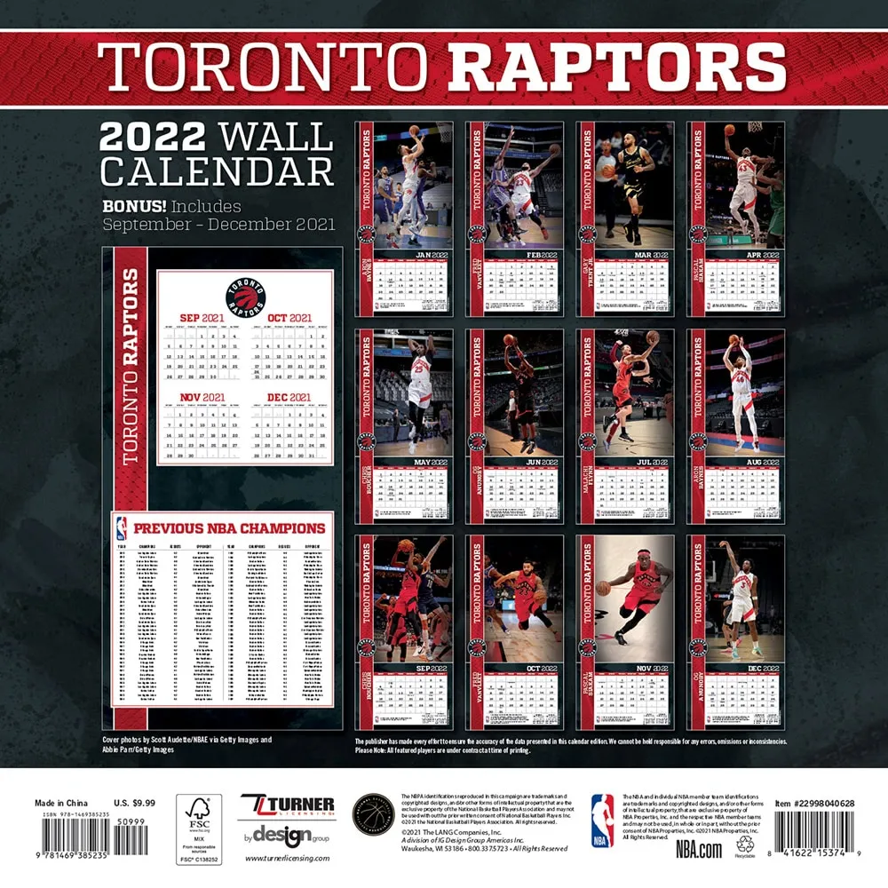 Mini calendrier mural 2022 des Raptors de Toronto