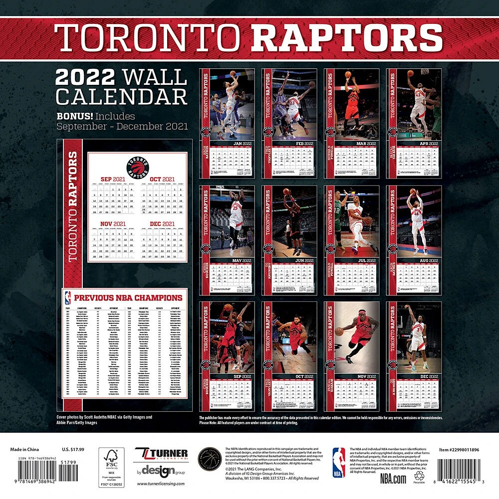 Calendrier mural 2022 des Raptors de Toronto