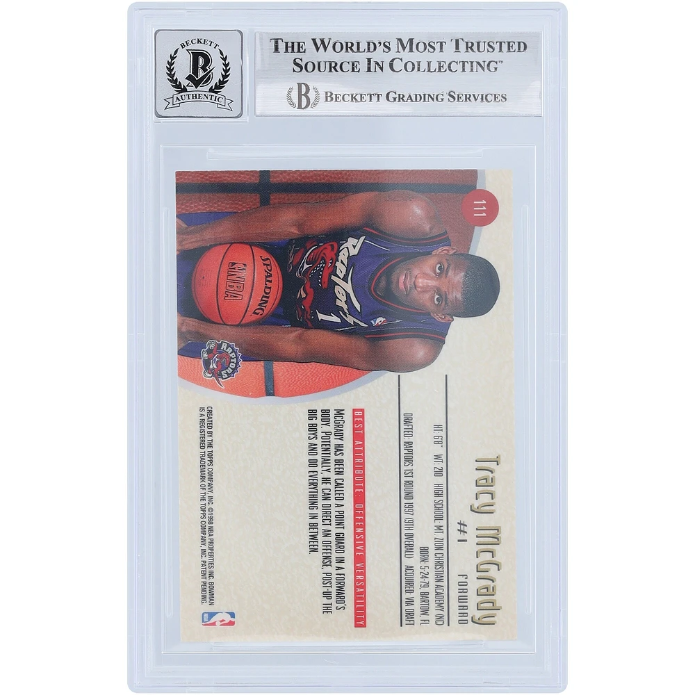 Tracy McGrady Toronto Raptors a autographié la carte de recrue numéro 111 Beckett de Bowman's Best 1997-98 authentifiée par les fanatiques de Beckett avec l'inscription « HOF 17 »