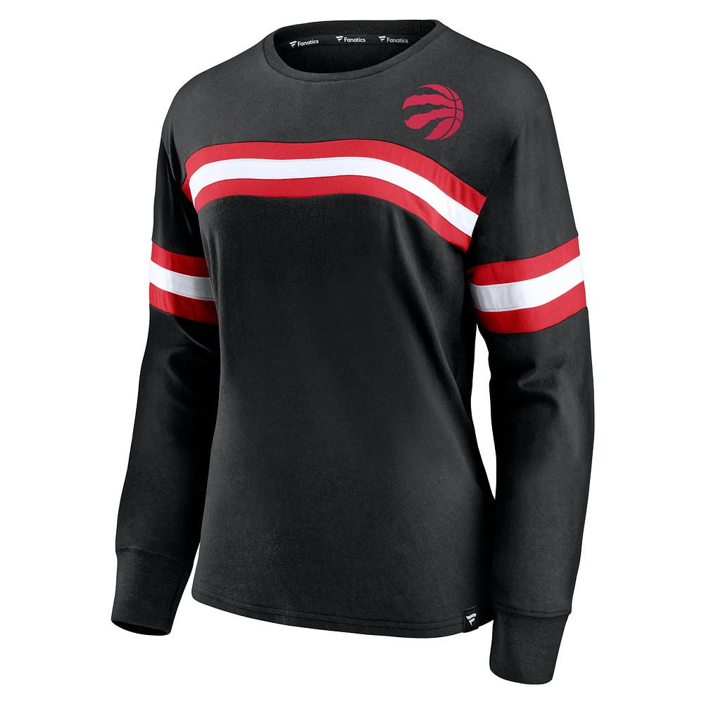 Women's Fanatics Black Toronto Raptors Block Party Chest Logo Striped Long Sleeve T-Shirt