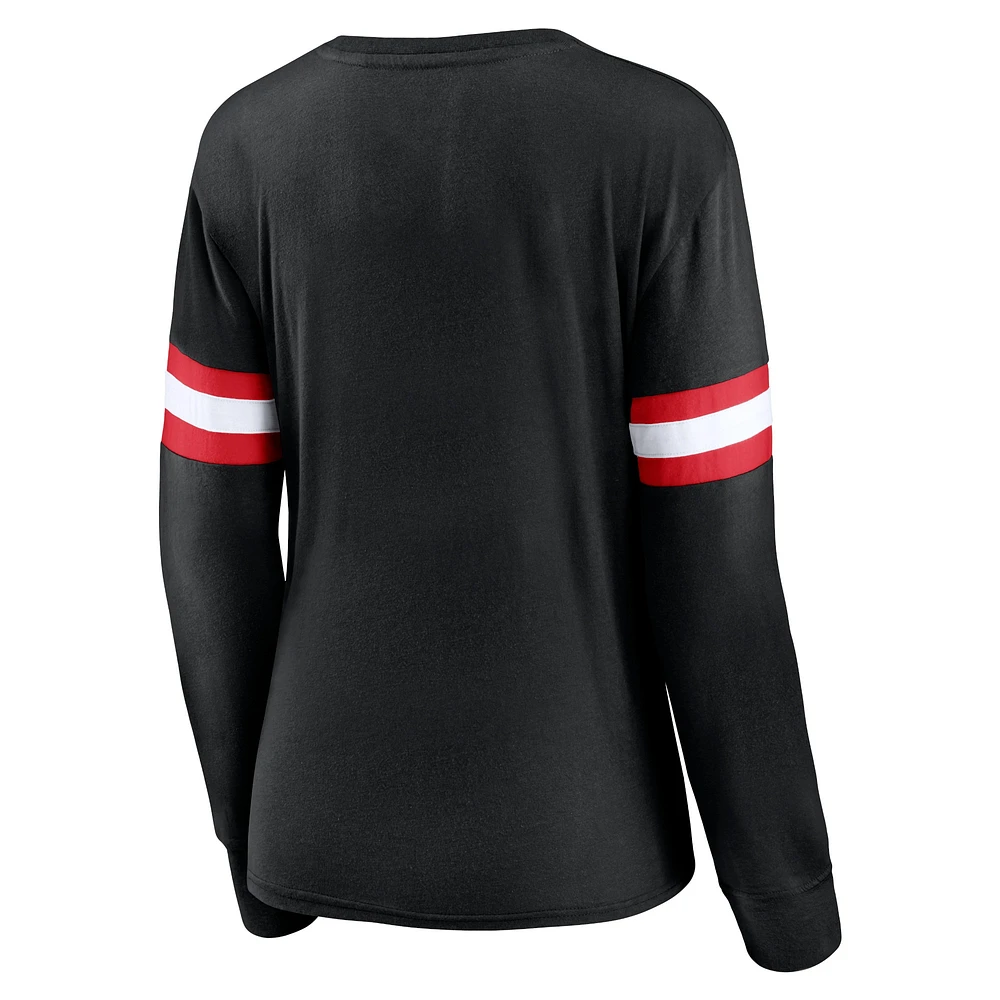 Women's Fanatics Black Toronto Raptors Block Party Chest Logo Striped Long Sleeve T-Shirt