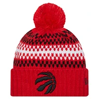 Bonnet en tricot confortable à revers pour jeunes New Era rouge des Raptors de Toronto avec pompon