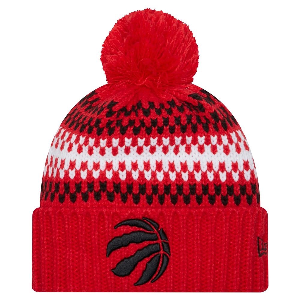 Bonnet en tricot confortable à revers pour jeunes New Era rouge des Raptors de Toronto avec pompon