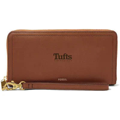 Tufts University Jumbos Fossil Women's Leather Logan RFID Zip Around Clutch - Brown