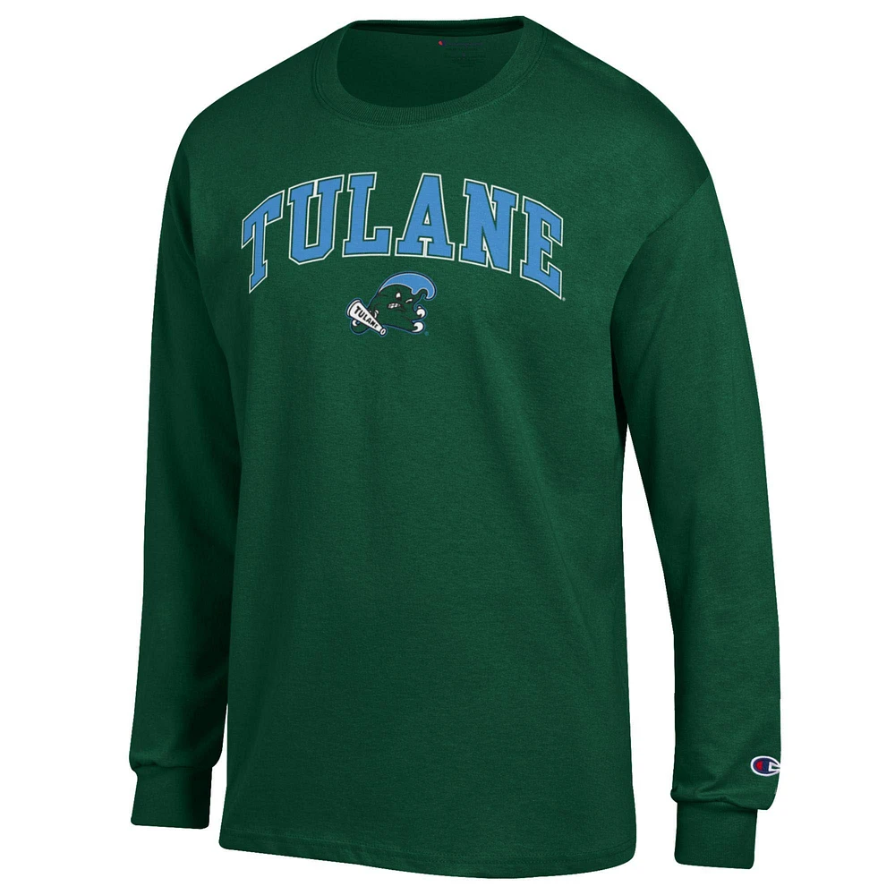 T-shirt à manches longues avec logo Tulane Green Wave Arch Over pour homme Champion