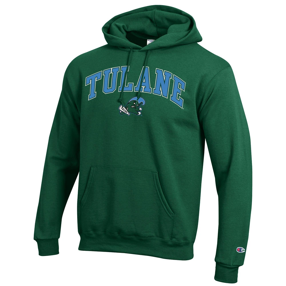Men's Champion  Green Tulane Wave Arch Over Logo Pullover Hoodie