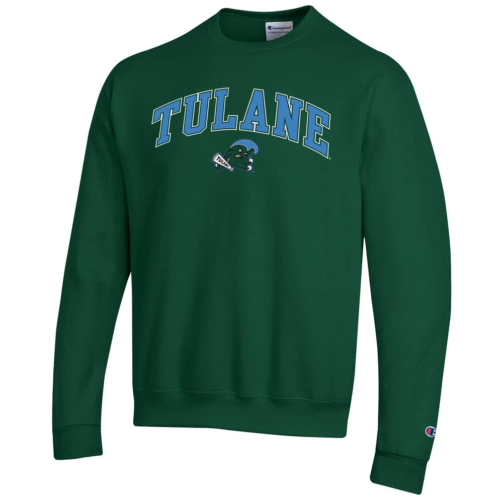 Men's Champion  Green Tulane Wave Arch Over Logo Pullover Sweatshirt