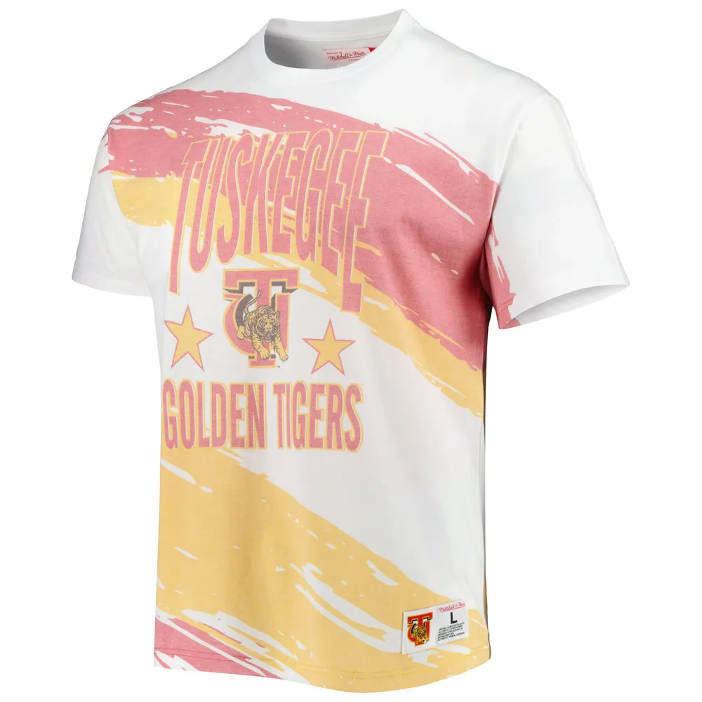 Men's Mitchell & Ness White Tuskegee Golden Tigers Paintbrush Sublimated T-Shirt