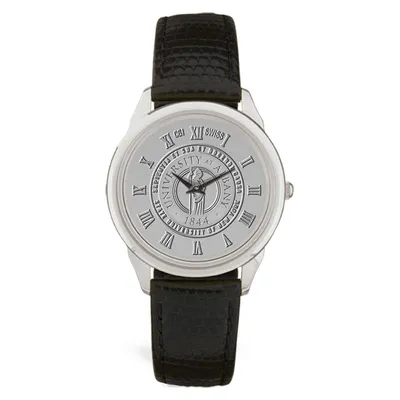Albany Great Danes Team Medallion Black Leather Wristwatch - Silver