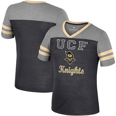 T-shirt d'été rayé à col en V pour filles Colosseum noir/gris chiné UCF Knights