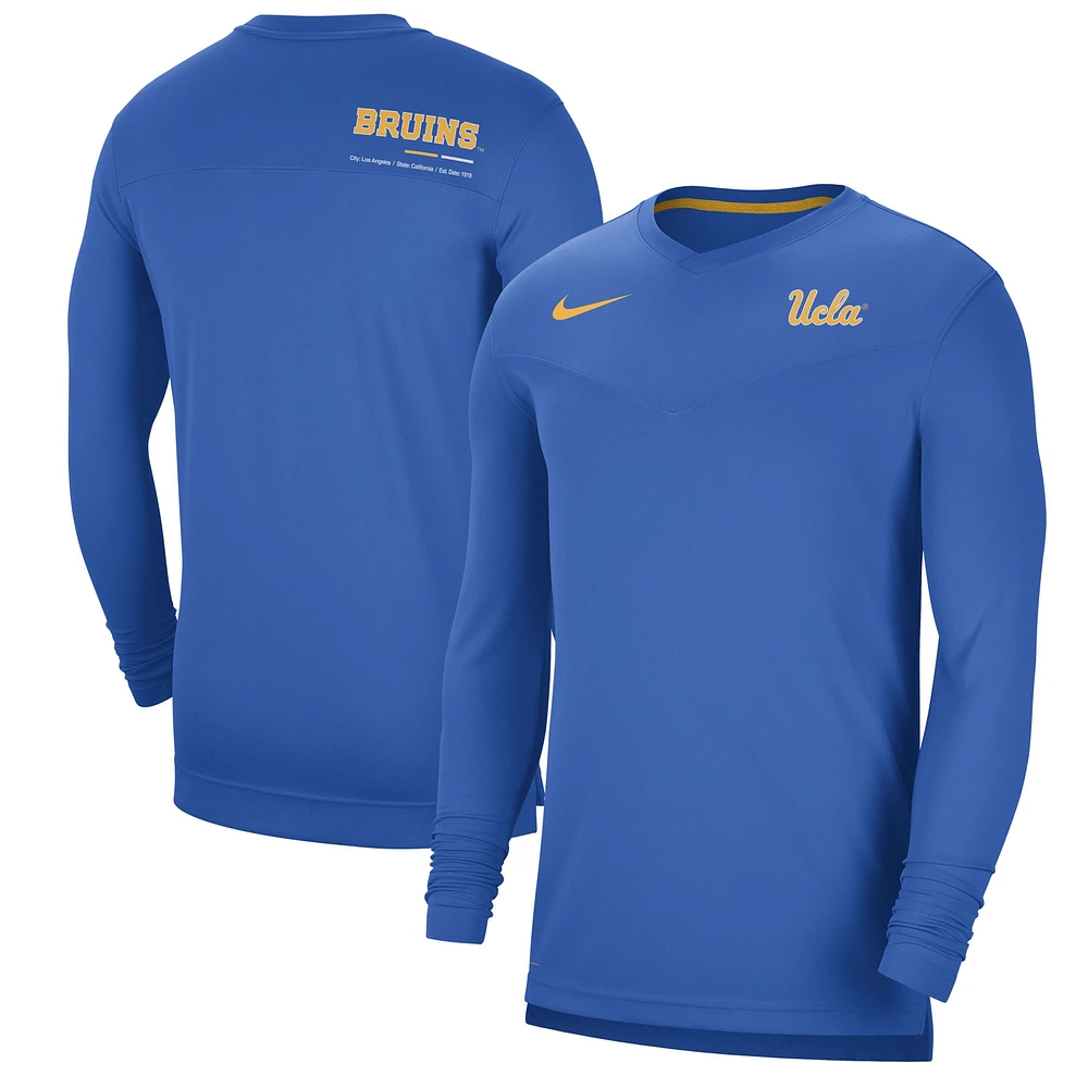 T-shirt à col en V manches longues Nike UCLA Bruins 2022 Coach Performance pour homme, bleu