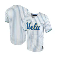 Maillot de baseball réplique à boutons complets Nike pour homme blanc/bleu UCLA Bruins Pinstripe