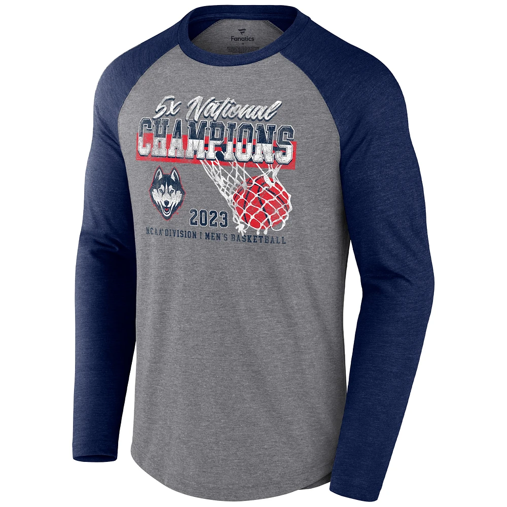 Fanatics Heather Gray UConn Huskies Five-Time NCAA Men's Basketball National Champions Retro Tri-Blend Long Sleeve T-Shirt