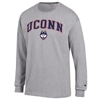 T-shirt à manches longues avec logo Arch Over Champion Heather Grey pour homme des Huskies de l'UConn
