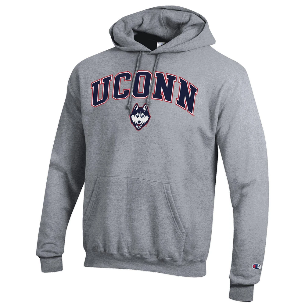Men's Champion  Heather Gray UConn Huskies Arched Logo Fleece Pullover Hoodie