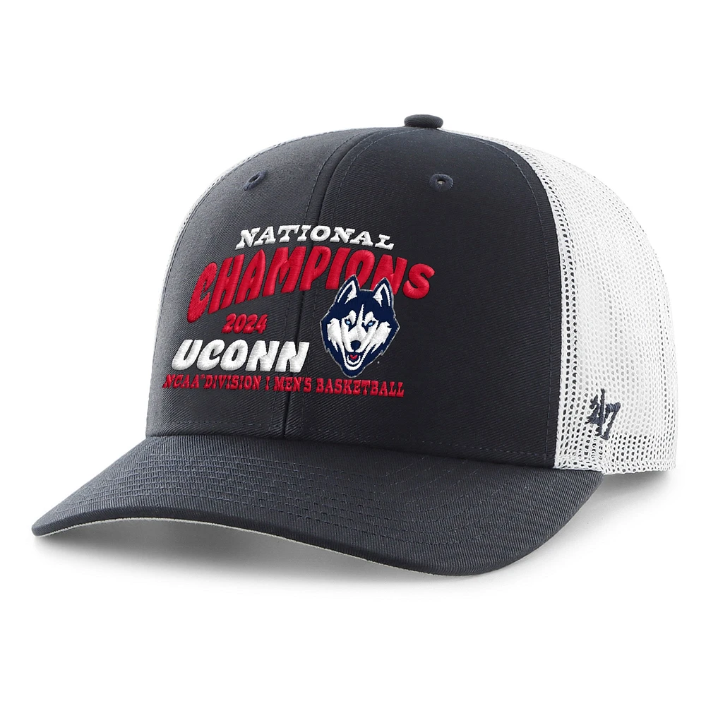 Casquette de camionneur réglable UConn Huskies 2024 NCAA pour hommes, champions nationaux de basket-ball '47 bleu marine/blanc