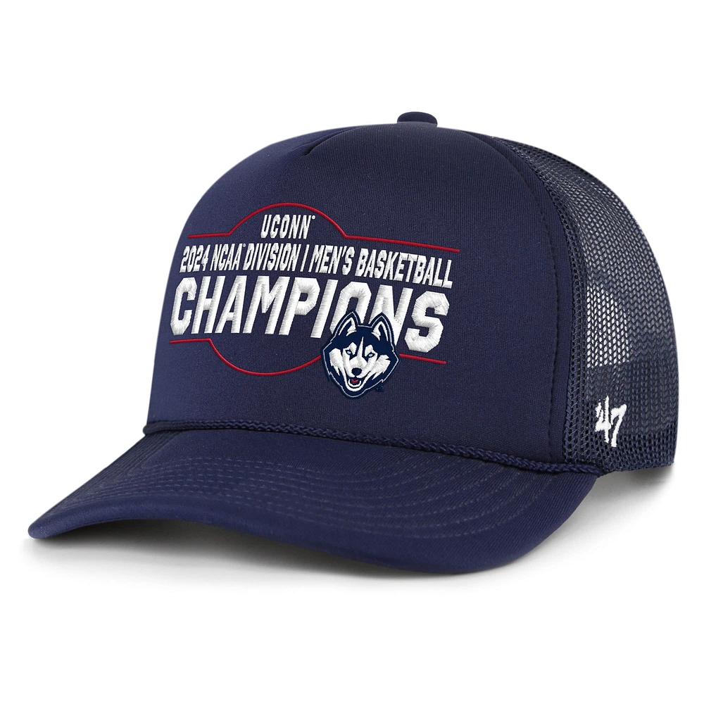 Casquette de camionneur réglable sur le devant en mousse pour hommes '47 Navy UConn Huskies 2024 NCAA Champions nationaux de basket-ball masculin