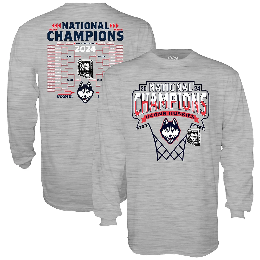 Men's Blue 84  Heather Gray UConn Huskies 2024 NCAA Basketball National Champions Bracket Long Sleeve Shirt