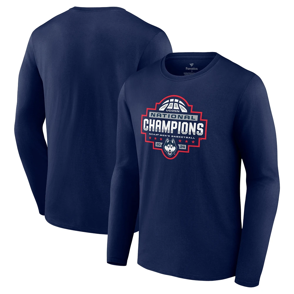 T-shirt à manches longues avec logo officiel des champions nationaux de basket-ball masculin Fanatics Navy UConn Huskies 2024 la NCAA