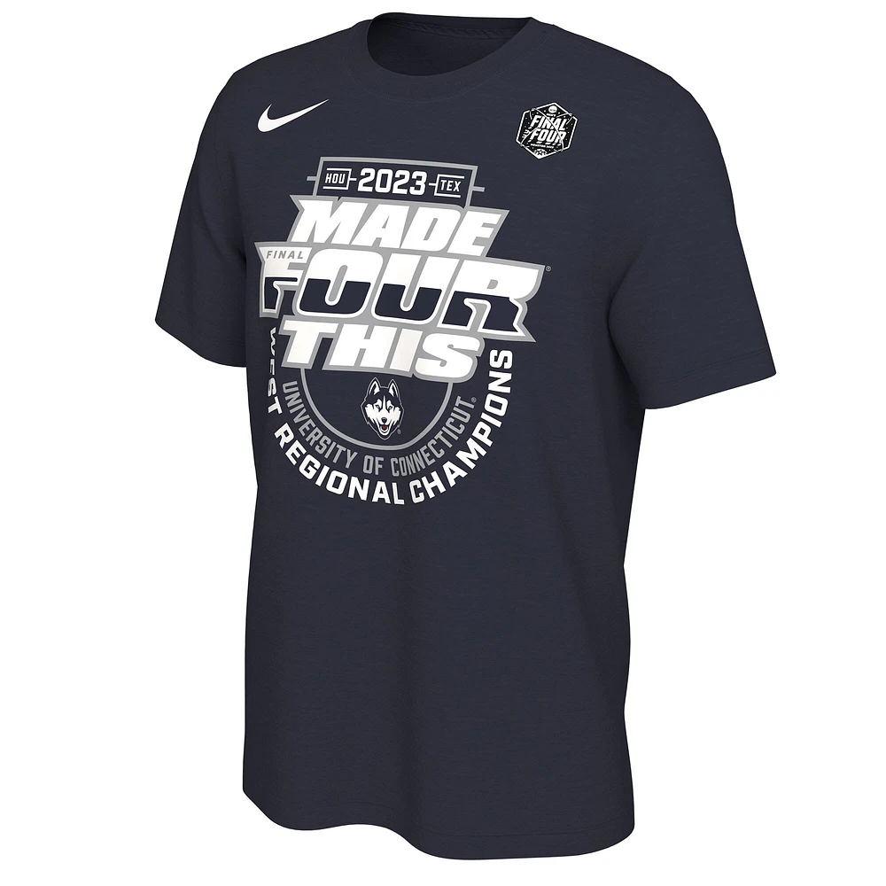 Nike Navy UConn Huskies 2023 NCAA Tournoi de basket-ball masculin March Madness Final Four Champions régionaux T-shirt Vestiaire