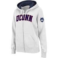 Sweat à capuche entièrement zippé Colosseum White UConn Huskies pour femmes avec nom arqué