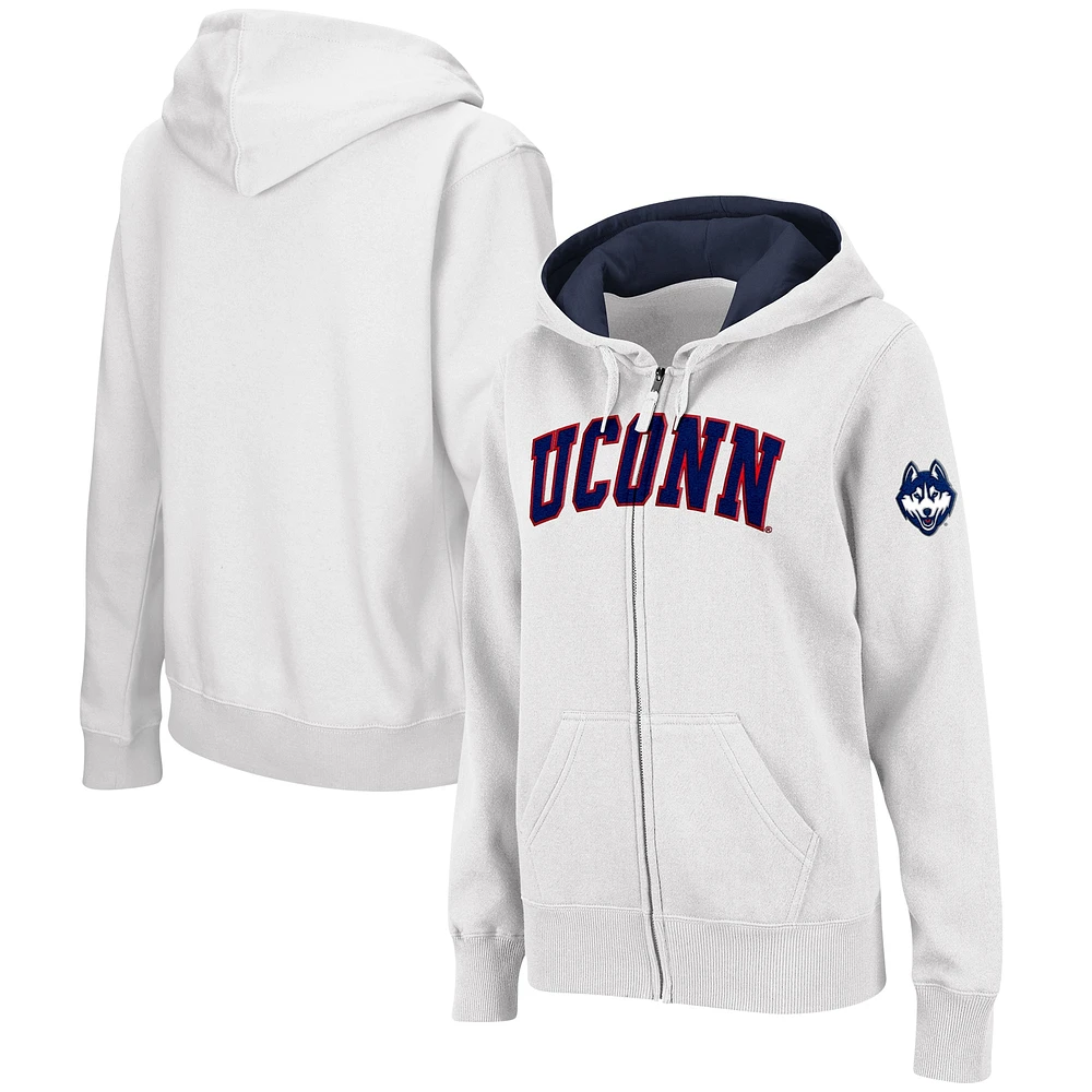 Sweat à capuche entièrement zippé Colosseum White UConn Huskies pour femmes avec nom arqué