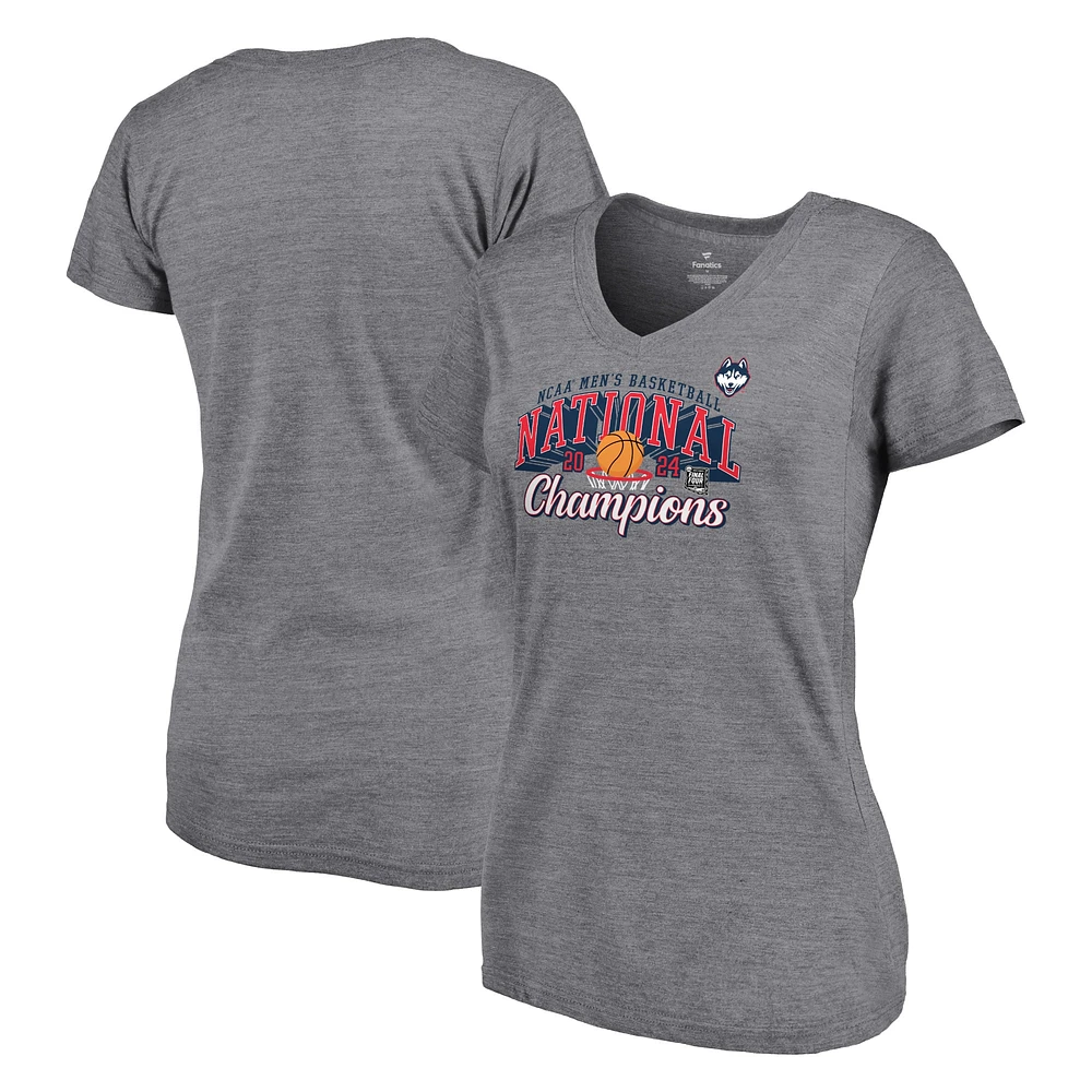 Women's Fanatics  Heather Gray UConn Huskies 2024 NCAA Men's Basketball National Champions Specific V-Neck T-Shirt