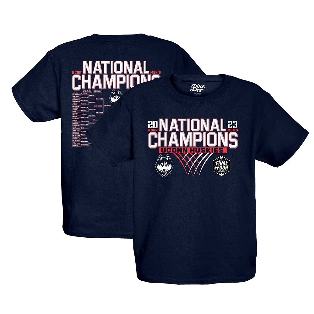 T-shirt bleu marine 84 UConn Huskies 2023 NCAA pour hommes de basket-ball Champions nationaux Focus Bracket jeunes