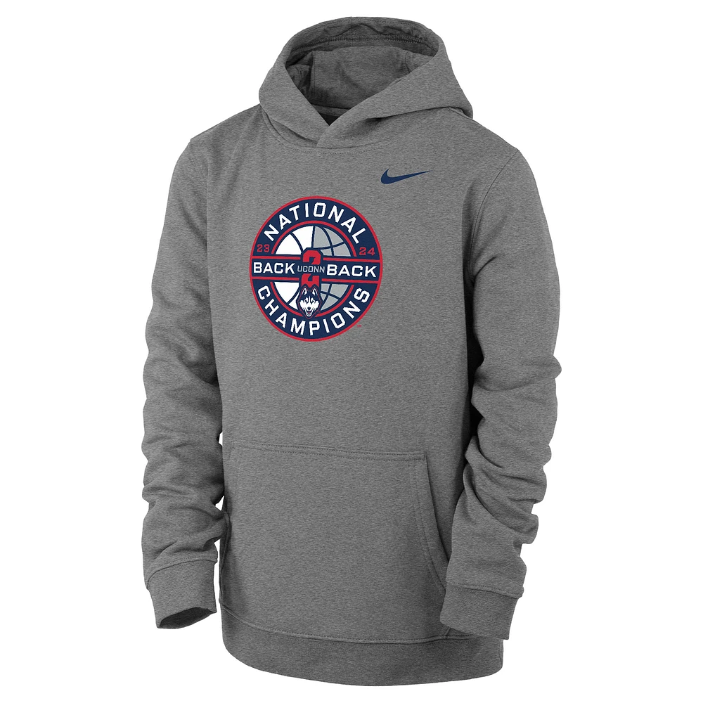 Sweat à capuche Nike pour jeunes UConn Huskies dos NCAA hommes Champions nationaux de basket-ball gris