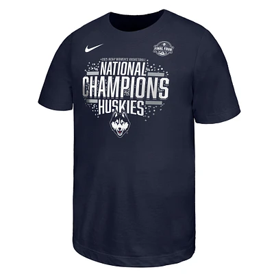 T-shirt Nike bleu marine pour jeunes UConn Huskies, championnes nationales de basketball féminin NCAA 2025, vestiaire