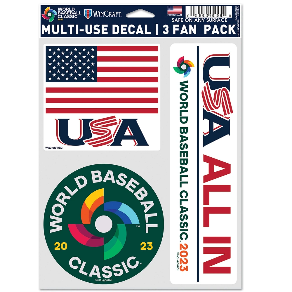 WinCraft USA Baseball 2023 World Baseball Classic Fan Lot de 3 feuilles de décalcomanies à usages multiples