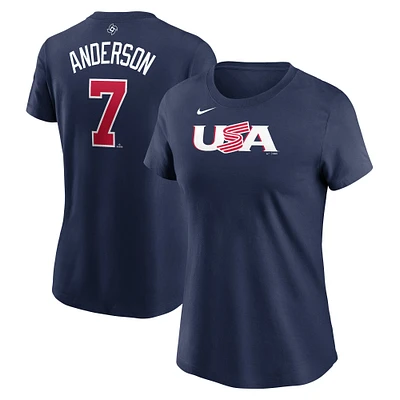 T-shirt avec nom et numéro de la Classique mondiale Baseball USA 2023 Nike Tim Anderson pour femme, bleu marine