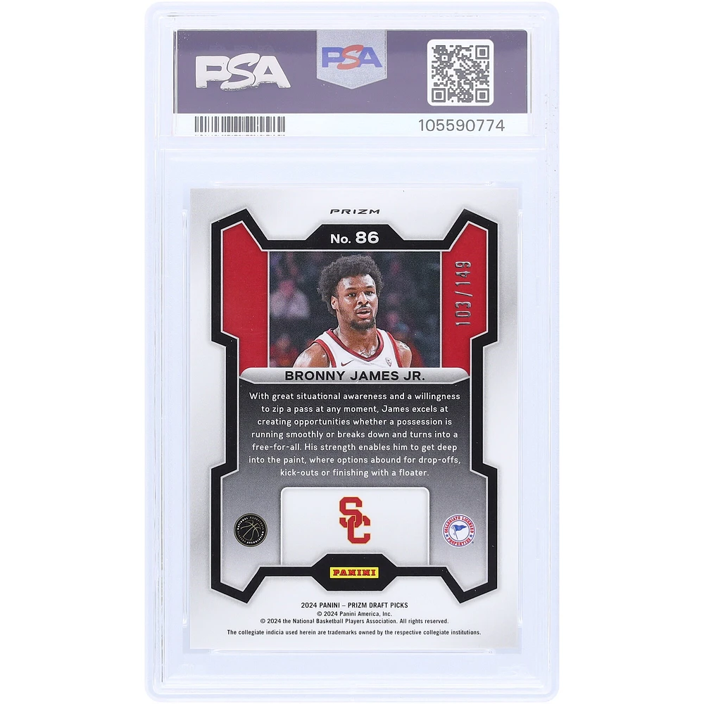 Bronny James Jr. USC Trojans 2024 Panini Prizm DP Purple Ice #86 #103/149 PSA Carte recrue authentifiée 10