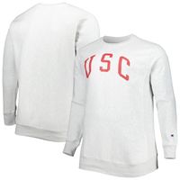 Men's Champion Heathered Gray USC Trojans Big & Tall Reverse Weave Fleece Crewneck Pullover Sweatshirt