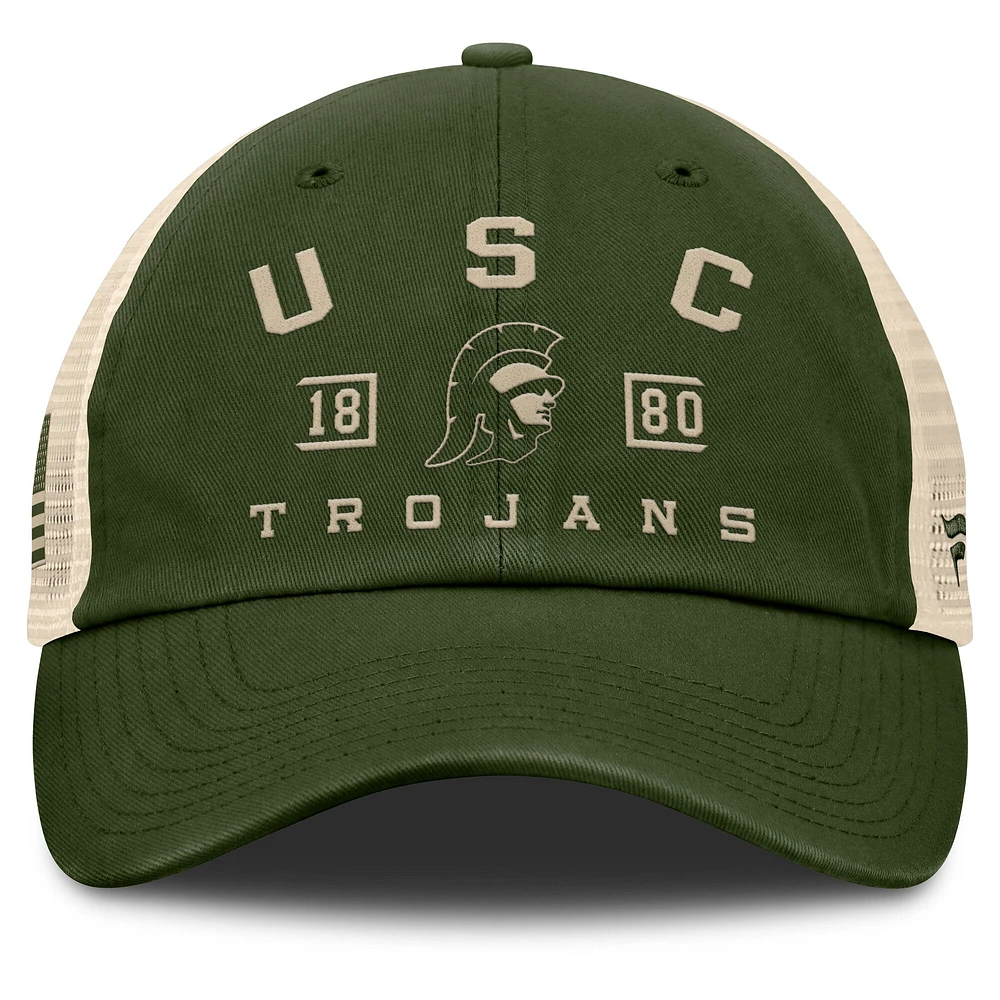 Casquette ajustable de camionneur de marque Fanatics Olive USC Trojans OHT Military Appreciation Frontier pour hommes