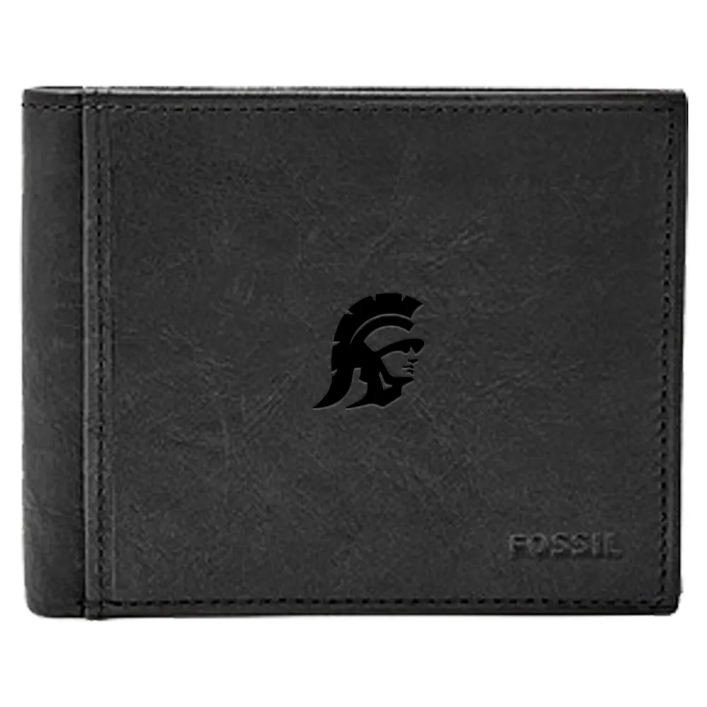 USC Trojans Fossil Leather Ingram RFID Flip ID Bifold Wallet - Black