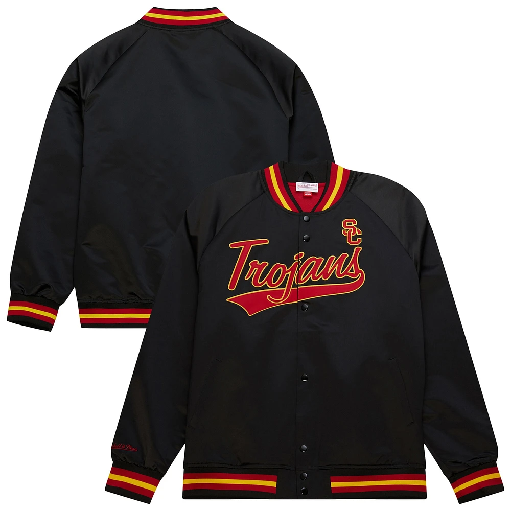 Veste légère en satin noir USC Trojans Mitchell & Ness pour homme avec boutons-pression et col raglan