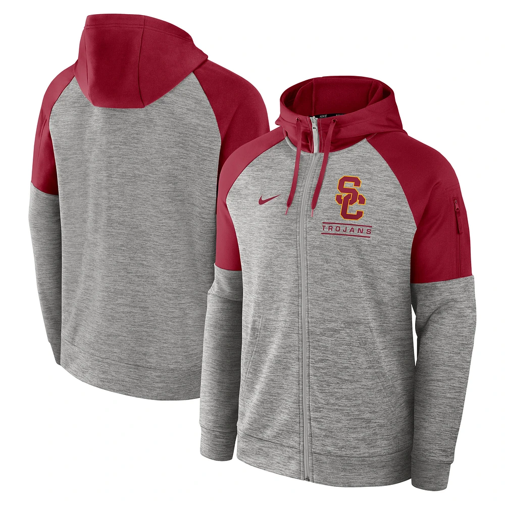 Sweat à capuche Nike Heather Grey USC Trojans Fitness Raglan Performance entièrement zippé pour homme