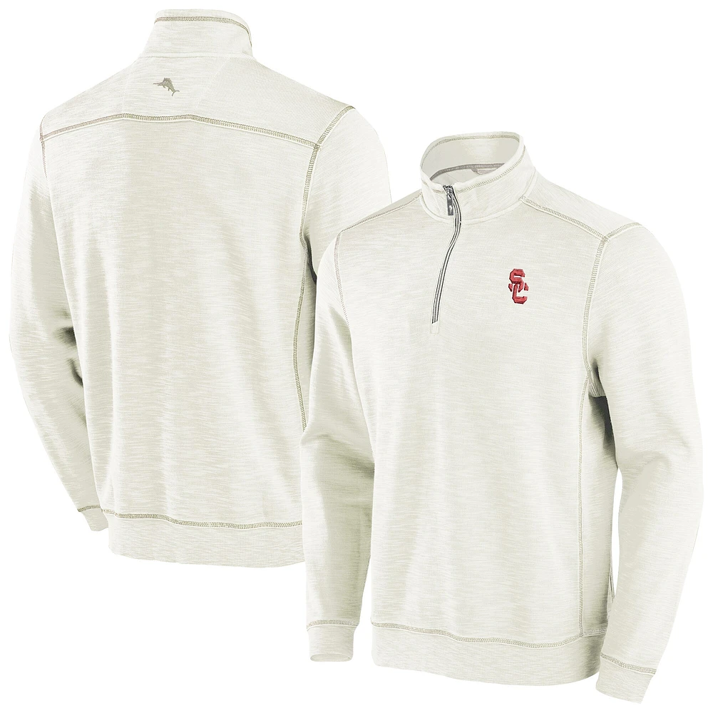Haut à trois mélanges demi-zip Tommy Bahama crème USC Trojans Tobago Bay pour hommes
