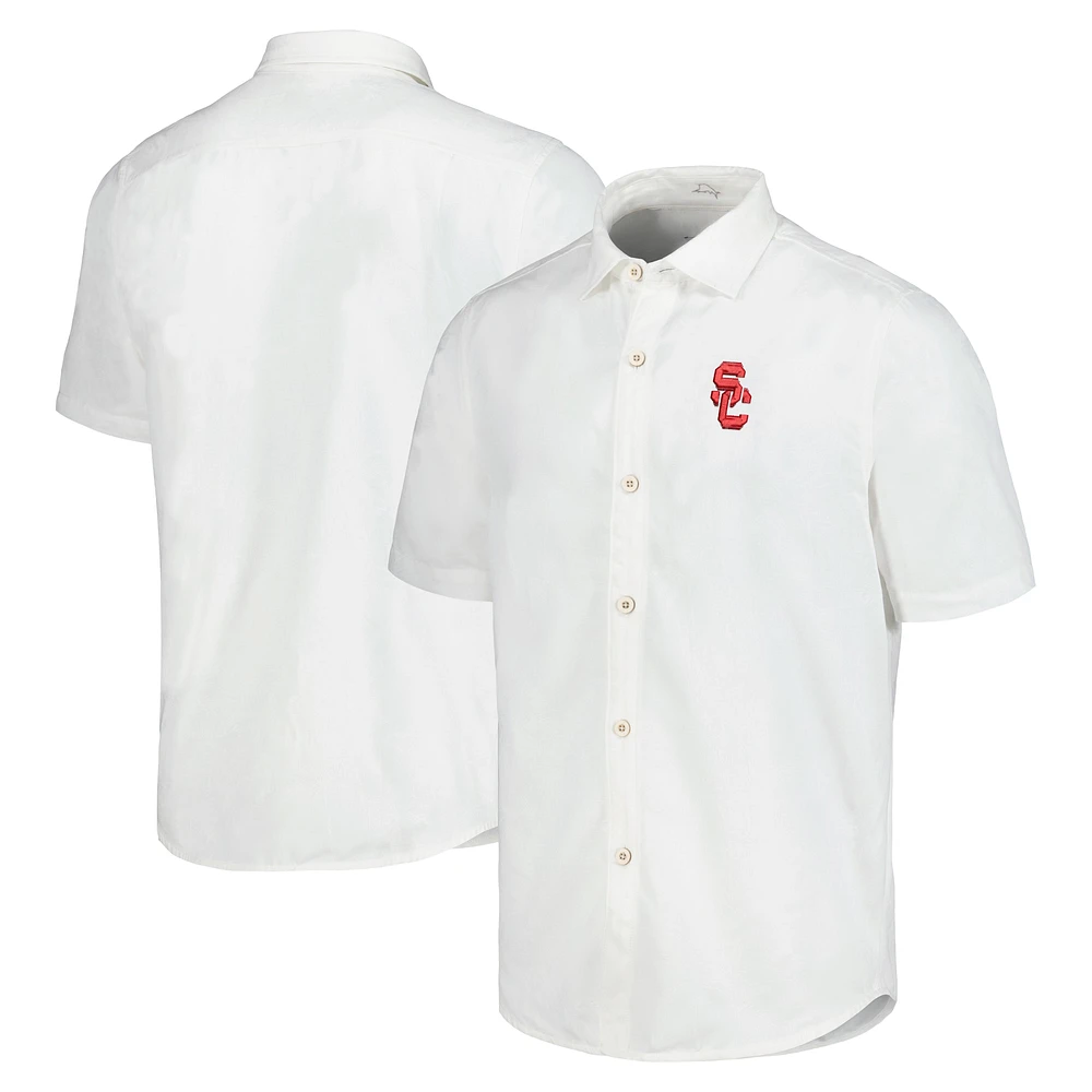 Men's Tommy Bahama White USC Trojans Coconut Point Palm Vista IslandZone Camp Button-Up Shirt