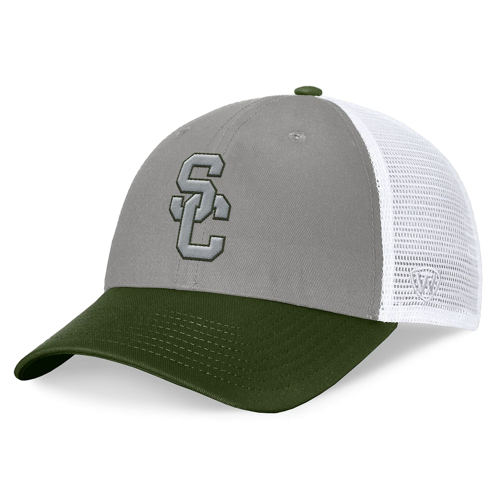 Men's Top of the World Gray/Green USC Trojans OHT Military Appreciation Badge Trucker Adjustable Hat