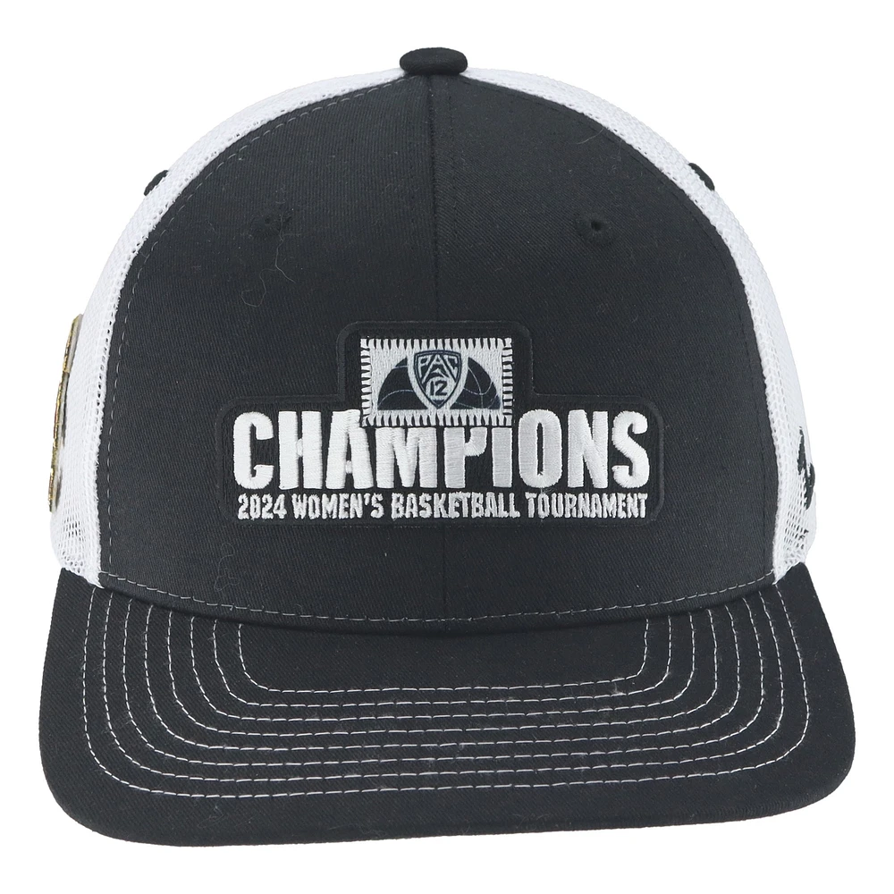 Casquette de camionneur réglable unisexe Zephyr Black USC Trojans 2024 Pac-12 pour femmes, tournoi de conférence de basket-ball, Champions de vestiaire