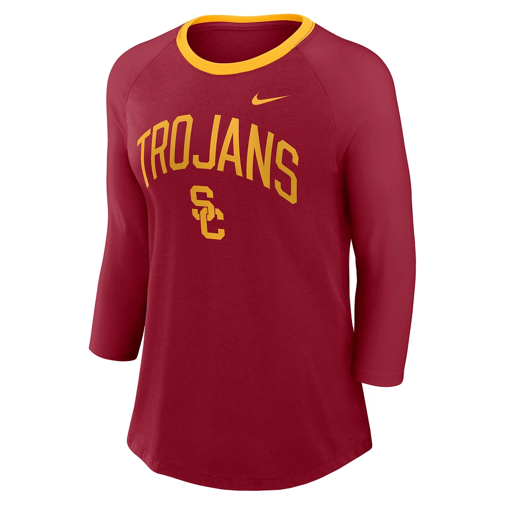 Women's Nike  Crimson USC Trojans 3/4-Sleeve Raglan Tri-Blend Top