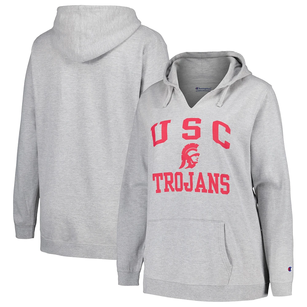 Women's Champion Heather Gray USC Trojans Plus Heart & Soul Notch Neck Pullover