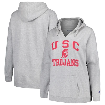 Women's Champion Heather Gray USC Trojans Plus Heart & Soul Notch Neck Pullover